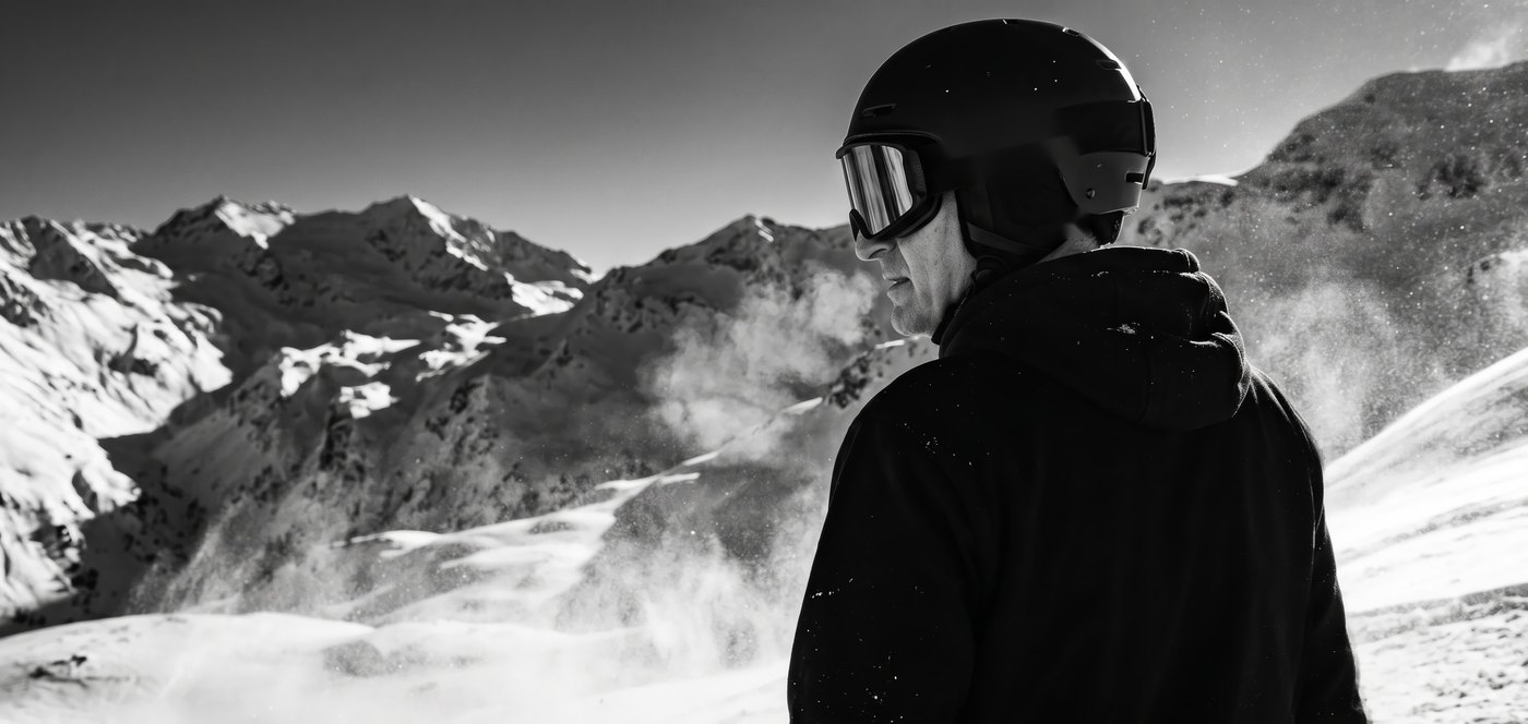 Stefano, founder of Mountain Fitness, in a helmet and goggles above the snowline